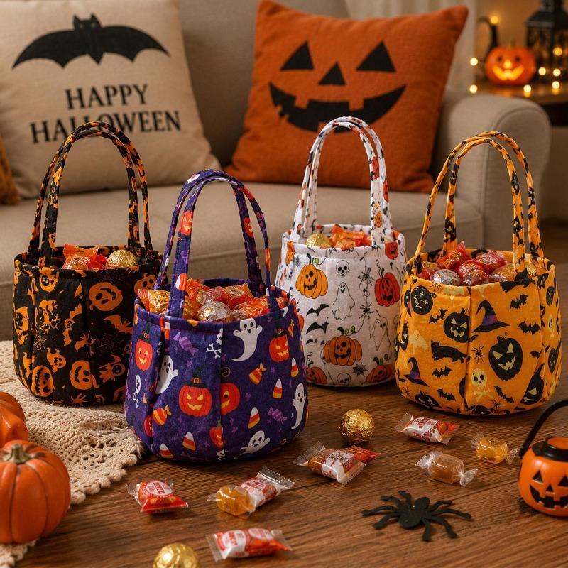 Halloween Candy Tote Bag Portable Non Woven Pumpkin Ghost Skull Snack Bucket Goodie Gift Pouch for Trick or Treat Party Supply