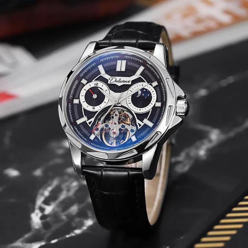 Dulunwe Роскошные автоматические механические часы-скелетоны для мужчин с полым турбийоном, фазой Луны, 12-часовым диском, светящимися часами из нержавеющей стали