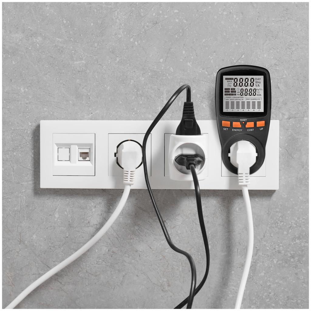 Electricity consumption meter with display, black