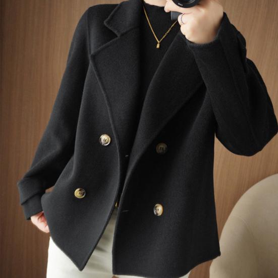 Women Fall Winter Woolen Coat Double-breasted Lapel Long Sleeve Loose Solid Color Thickened Warm Formal Business Style OL Commute Jacket