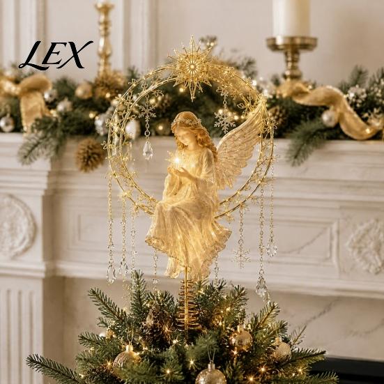 Elegant Tree Top Decor Christmas Angel Topper, Acrylic Winged Treetop Ornament with Gift for Home Spring Base Xmas Tree, Holiday Party Golden