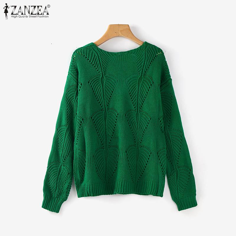 ZANZEA Осенние женские пуловеры с V-образным вырезом, длинными рукавами и ажурной вязкой