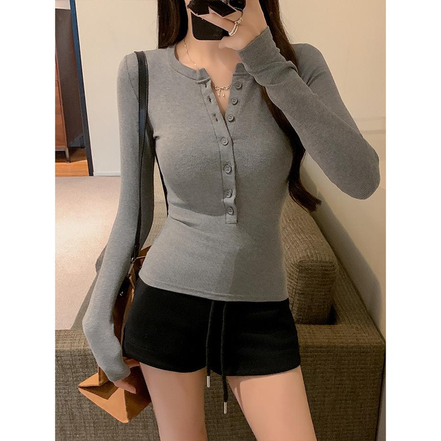 Cute Girl Cropped Long Sleeve T-Shirt Women's New Spring Autumn Tank Top Slim Fit Inner Wear Buttoned Student Top
