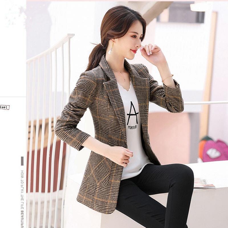 Women Spring Autumn Plaid Blazer Long Sleeve Slim Checked Coat Formal Jacket Office Suit Lady Outerwear