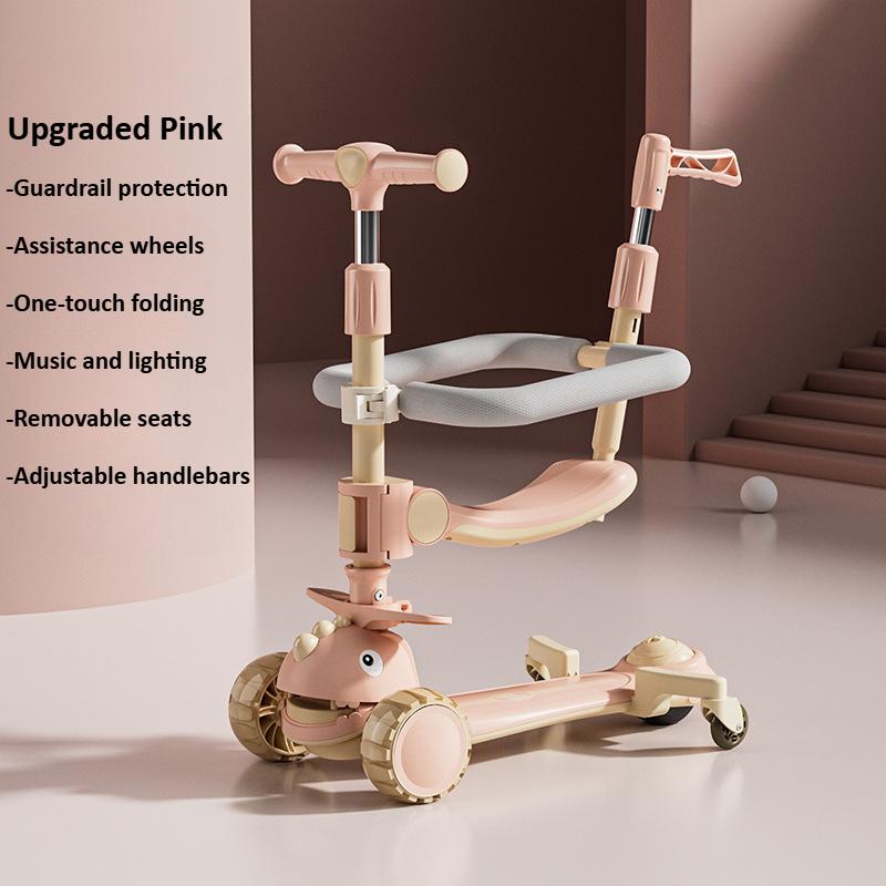Детский кик-скутер 6-в-1 со светодиодными колесами, ручкой для толкания, поручнем, регулируемой высотой, реверсивным сиденьем, 3-колесный скутер для детей