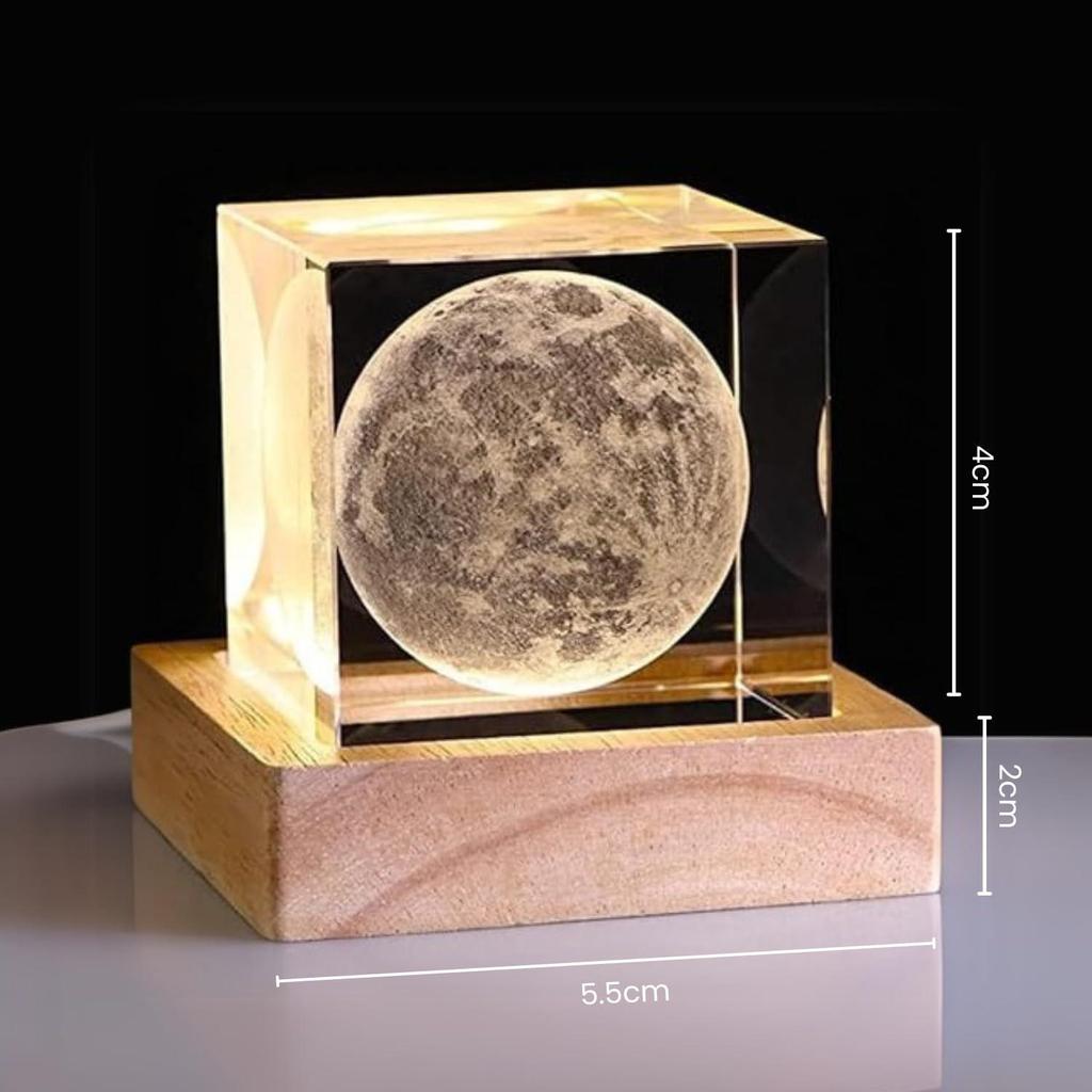 3D Хрустальная Лунная Лампа с USB LED Подсветкой и Деревянной Подставкой | Теплый Белый Хрустальный Кубик Ночник для Спальни, Домашний Декор