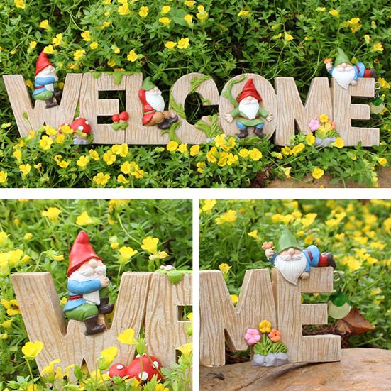 Dwarf Welcome Sign Resin Cartoon Dwarf Ornament Garden Gnome Letter Welcome Sign for Home Office Balcony Indoor Outdoor Decor