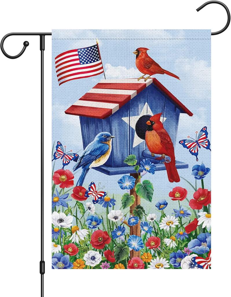 Louise Maelys 4th of July Birdhouse Garden ag 12x18 Double Sided, Small Burlap Patriotic oral Cardinal Bird Yard House f LLX