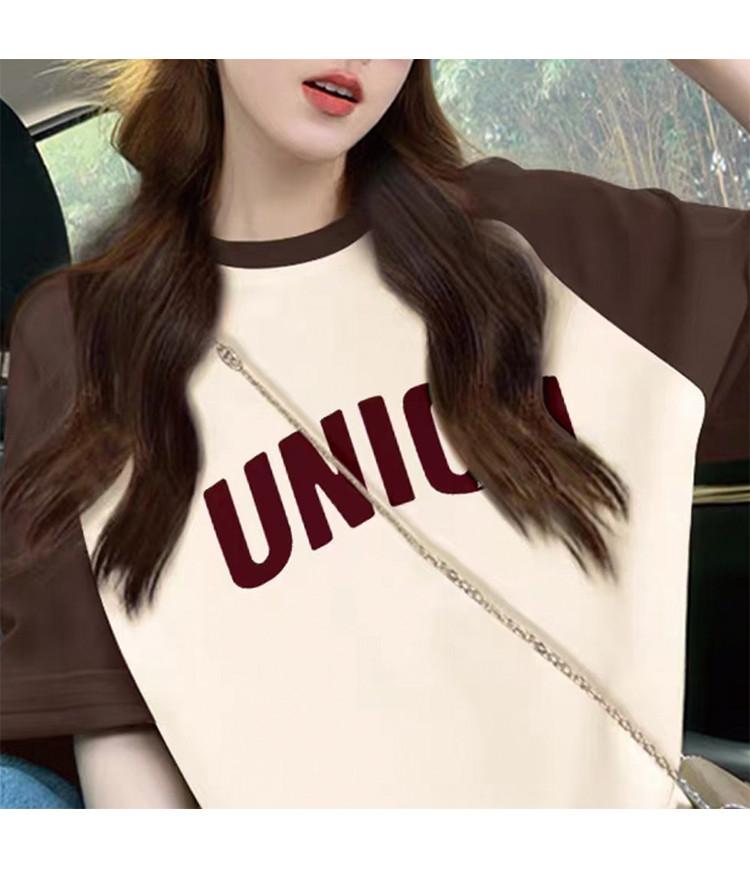 2025 Summer New Loose Casual Color Contrast Splicing Letter Printed Short-sleeved T-shirt for Women