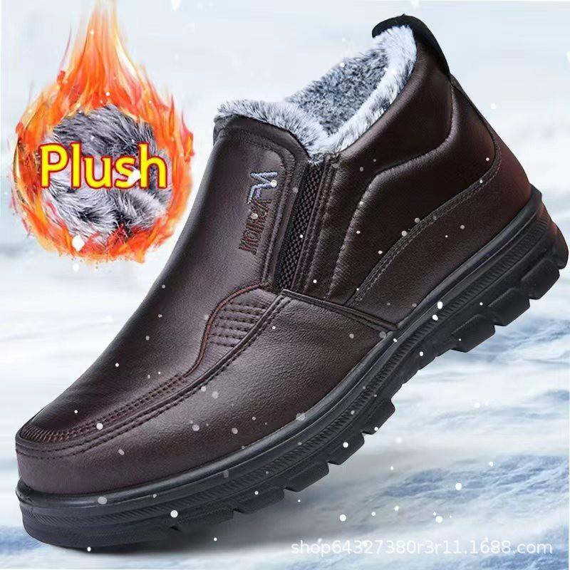 Mens Winter Waterproof PU Snow Boots With Faux Fur Lining Slip-On Warm Low-Cut