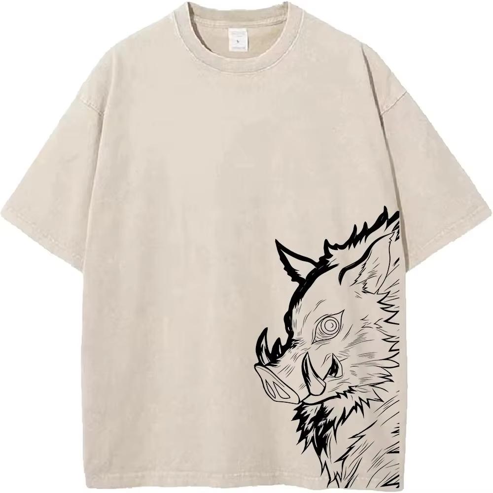 Yk Demon Slayer Anime Unisex T Shirt Summer Cotton Loose Streetwear Vintage Wash Graphic Print Short Sleeve Tee Casual Tops