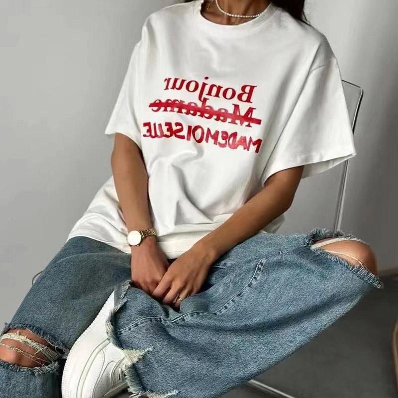 Футболка с принтом Simplicity Letter, хлопковая, женская, летняя, белая, свободная, с коротким рукавом и круглым вырезом, повседневная, базовая женская одежда