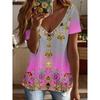 2025 Ethnic Women's T-Shirt Vintage Graphics Fashion Short Sleeved V-Neck Regular Tops Daily Print Tee Summer Casual Tops