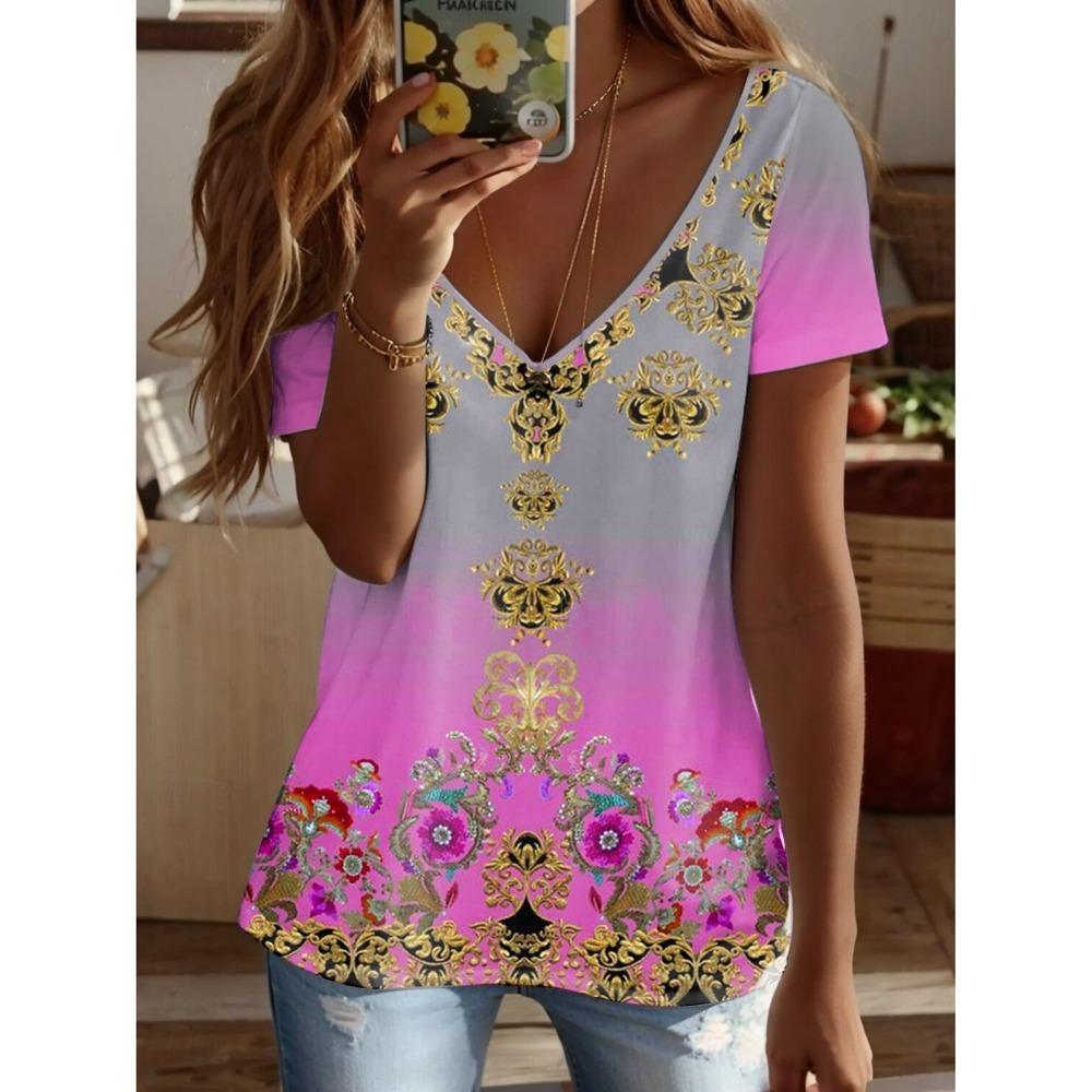 2025 Ethnic Women's T-Shirt Vintage Graphics Fashion Short Sleeved V-Neck Regular Tops Daily Print Tee Summer Casual Tops