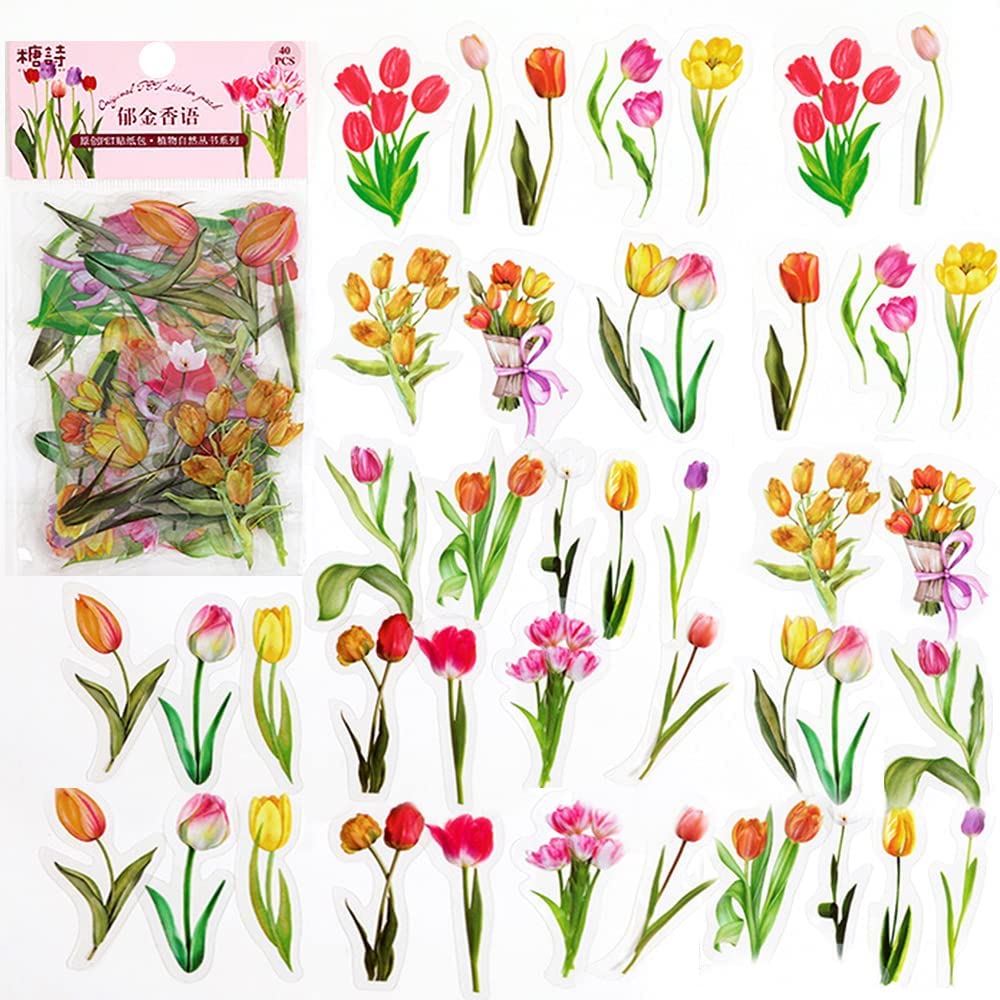 40 Pcs Scrapbook Stickers PET Transparent Flower Nature Floral Journal Photo Album Diary DIY Art Crafts