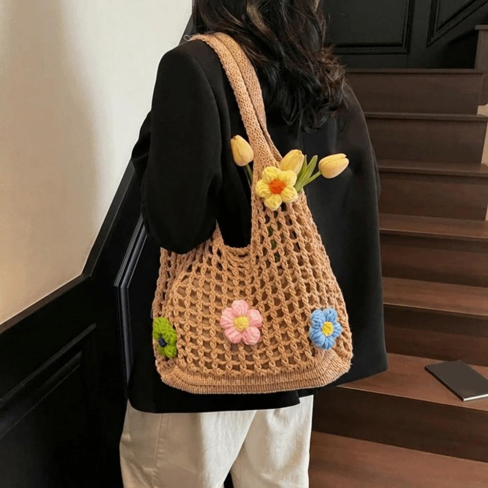 Simple Multicolor Flower Woven Bag Hollow Bohemian Style Knitting Tote Bag Large Capacity Handbag Hollow Shoulder Bag Seaside