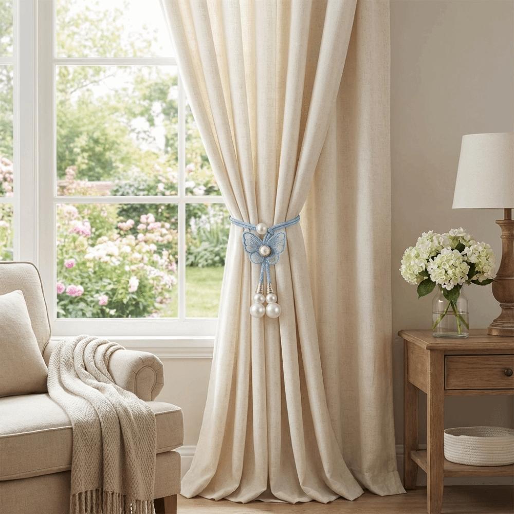 2PCS Adjustable Butterfly Curtain Tiebacks Curtain Holder Decorative Pearl Curtain Buckle Artificial Pearl Curtains Tie Rope
