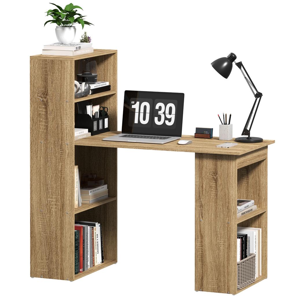 Computer Desk with Storage Shelf Corner Desk Adjacent Bookcase Multi-Storage Oak