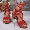 Женские сандалии на толстом каблуке большого размера, летние 2025, новые, с гравировкой, европейская и американская мода, с открытым носом, на каблуке, с ремешками, обматывающими ногу