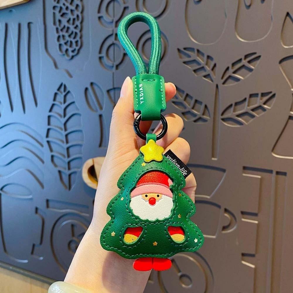 Exquisite Christmas Key Ring Sewn Leather Elk Pendant Versatile Santa Claus Keychain  Kids