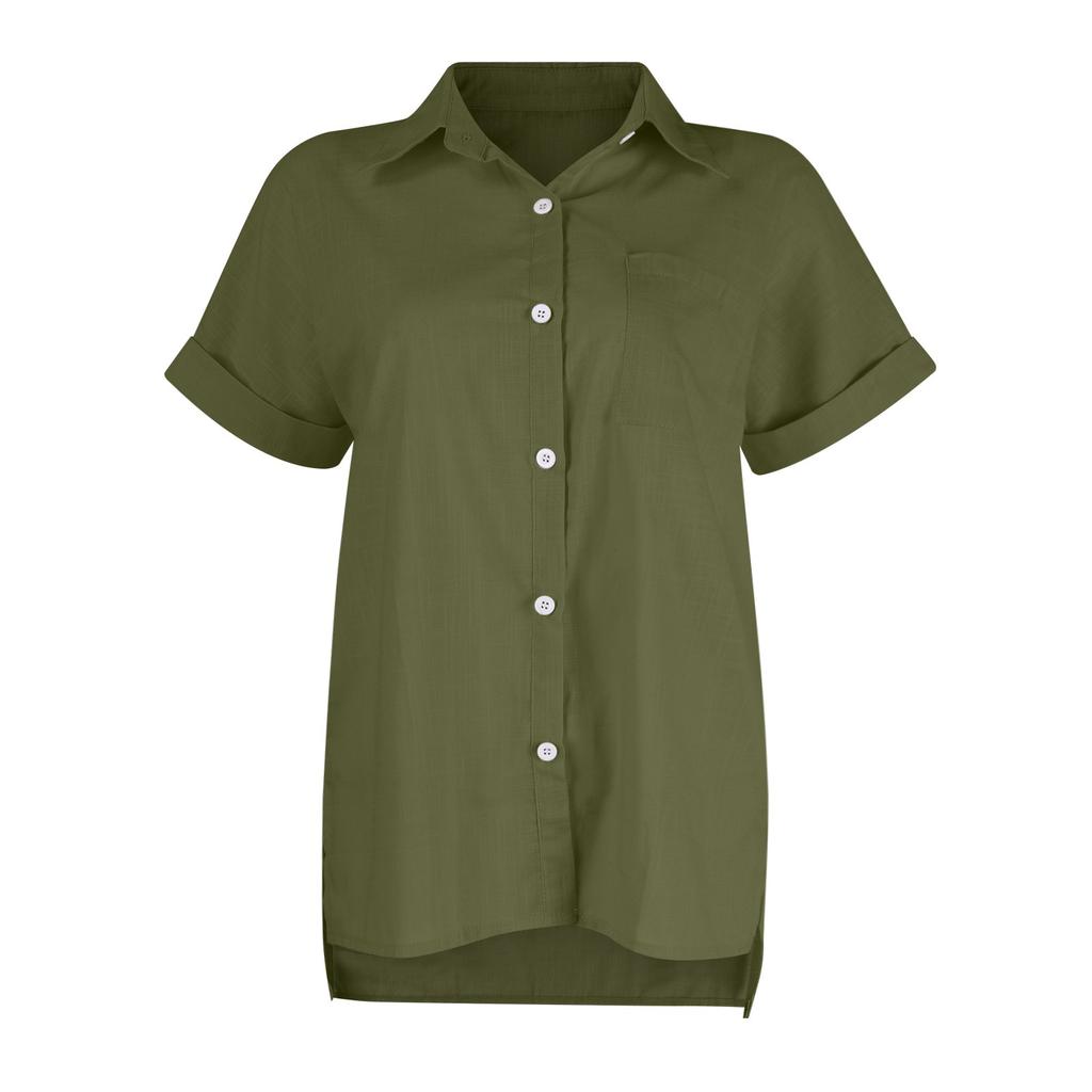 Женская повседневная модная хлопково-льняная рубашка с короткими рукавами и лацканами на пуговицах, топ