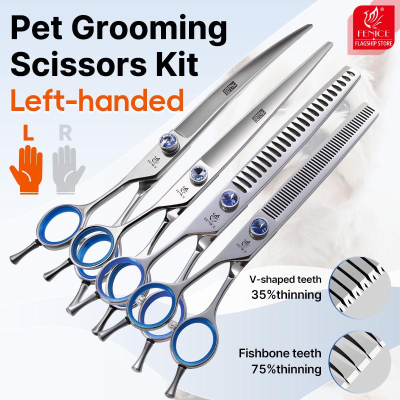 Fenice Professional 7.0/7.5/8 дюймов Сталь JP440C Ножницы для левой руки Синий бриллиант Двойной хвост Набор ножниц для ногтей для стрижки домашних собак