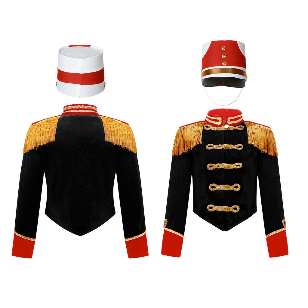 Boys Girls Drum Major Team Uniform Nutcrackers Costume Set Marching Band Tassel Jacket Coat Hat Outfits for Drummer Performance