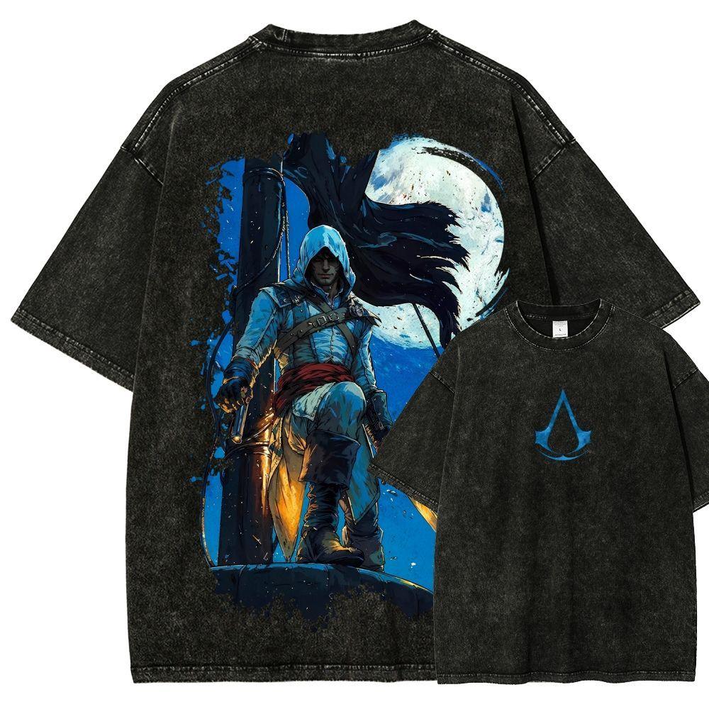 2026 Assassin's Creed Серый Красно-белый Эмблема Ассасина Двусторонняя Стирка Старая Короткий рукав Футболка Свободный Хлопок