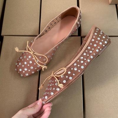 Модные летние дышащие сетчатые женские балетки, украшенные блестящим бриллиантовым бантом, с мягкой подошвой, дизайнерские, для отдыха, женские туфли Мэри Джейн
