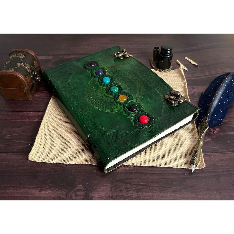 Кожаный журнал с семью камнями, ручная работа с тиснением, винтажный кожаный переплет, зеленый блокнот, альбом для рисования, дневник, лучший подарок для него