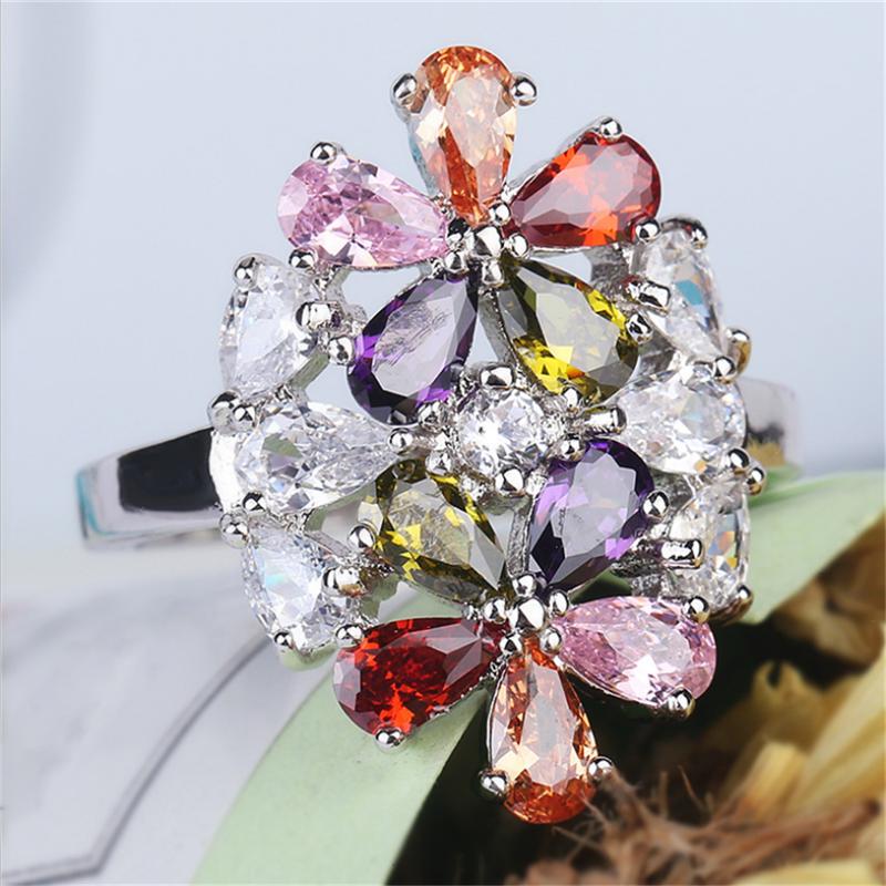 Ring Colorful Crystal Zircon Big Flower S925 Silver