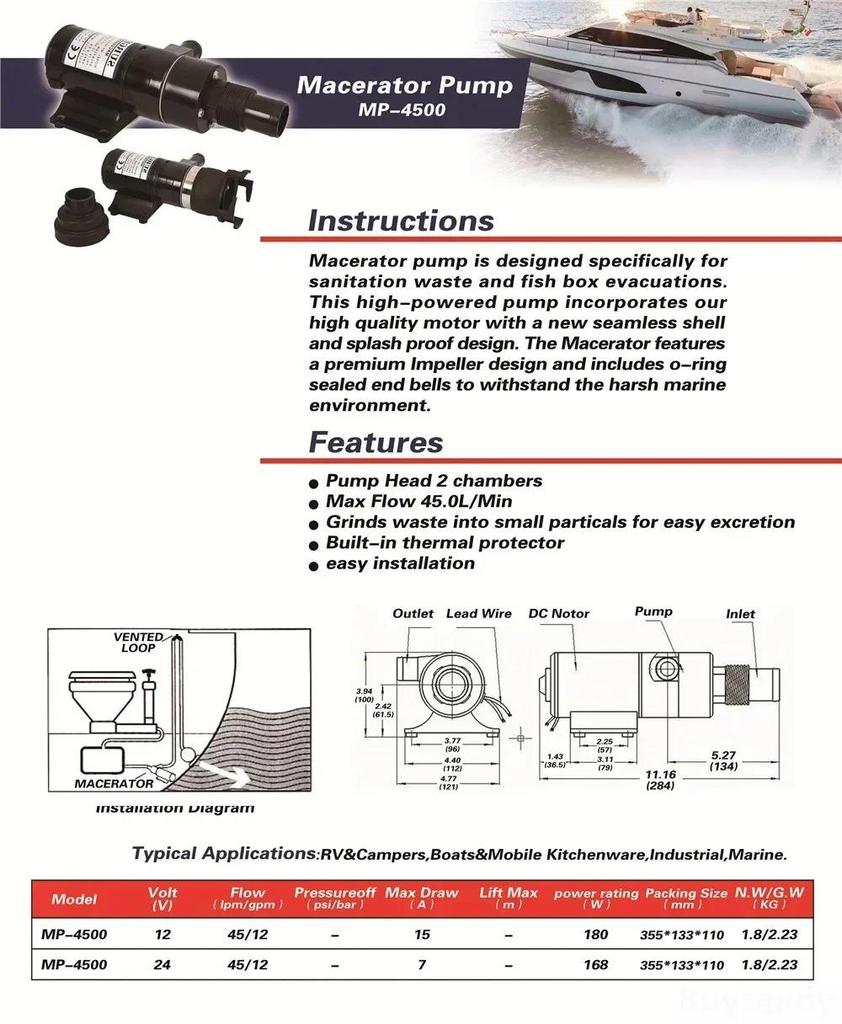 MP-4500 Sewage & Bilge Pump for Septic Tanks, RVs, Yachts, Bathrooms & Kitchens