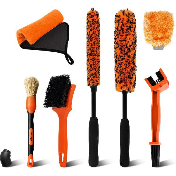 YeewayVeh 7PCS Motorcycle Cleaning Kit, 2-Size Bendable Wheel Brush, Tire And Chain Brush, Detailing Brush, Microfiber Towel And Car Wash Mitt For