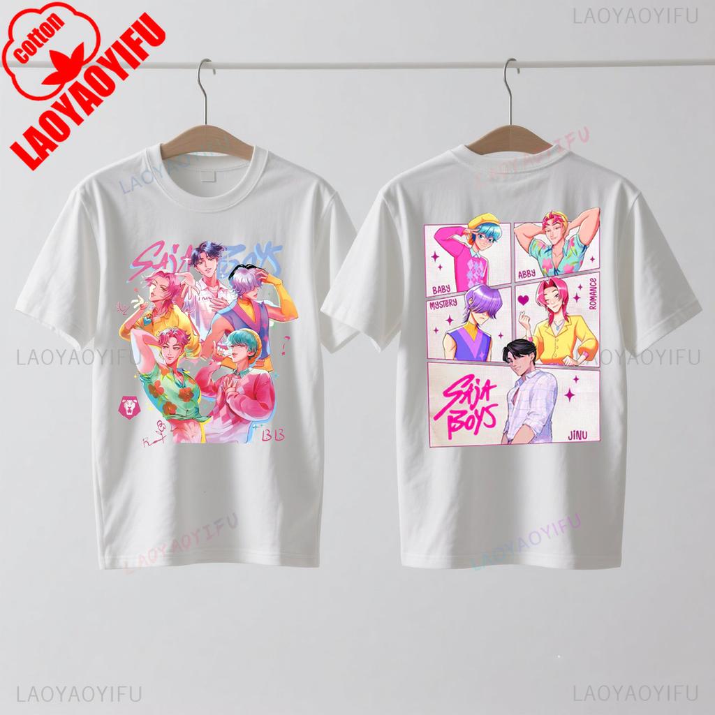 Saja Boys Kpop Охотники на демонов Двусторонняя хлопковая футболка Huntrix Мерч Охотника на демонов Футболки Jinu Saja Эбби Тайна Романтика Малыш Саджа