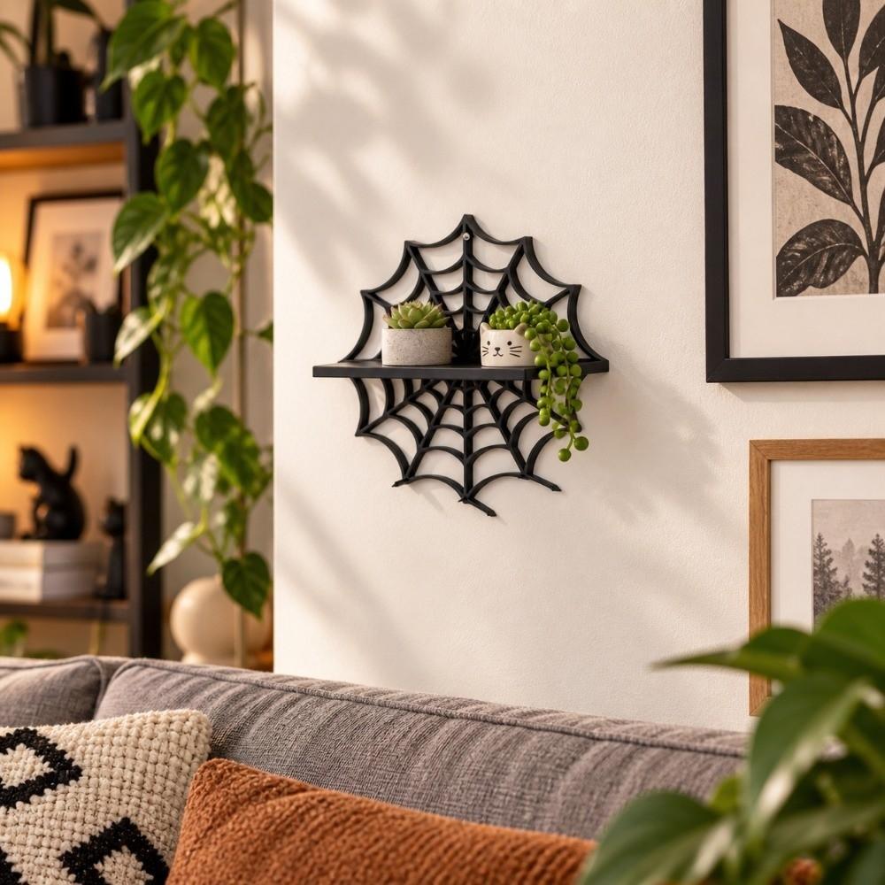 Black Wall-Mounted Shelves Spider Web Wall Storage Rack Plant Display Stand Wall Decor