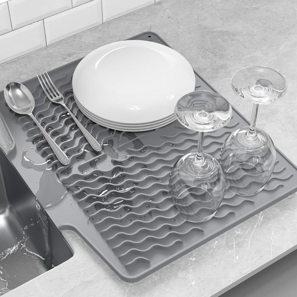 Silicone Dish Drying Mat Built-in Drain Kitchen Counter Pad Durable Drain Pad Kitchen Countertop