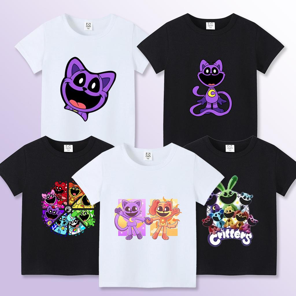 Футболка Smilings Critters для детей с принтом мультяшных персонажей, одежда с коротким рукавом, детская летняя, белая, черная основа, повседневные топы