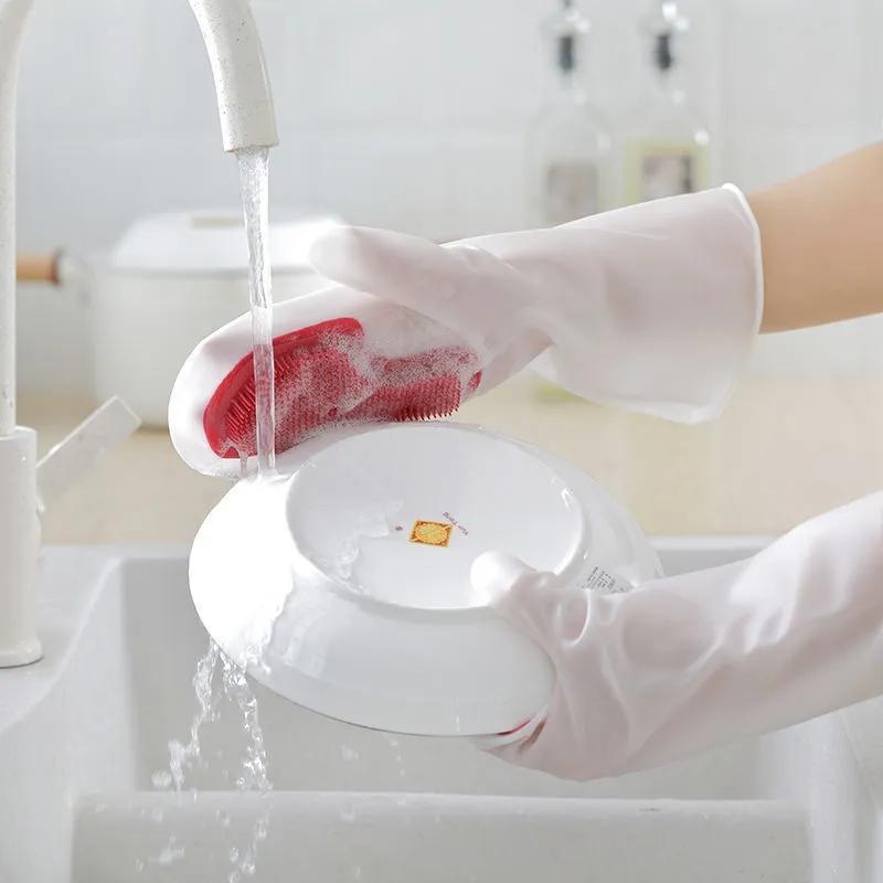 32CM Multifunctional Magic Brush Dishwashing Glove Rubber Kitchen Housework Cleaning Silicone Waterproof Gloves