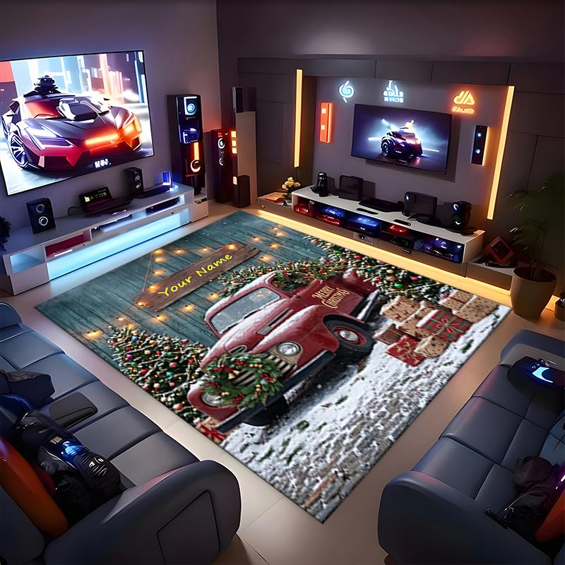 1PC Custom Name Christmas Vintage Truck Scene Theme Floor Mat Ideal for Living Room, Game Rooms, Office, Bedroom,Floor Mat Playful Design