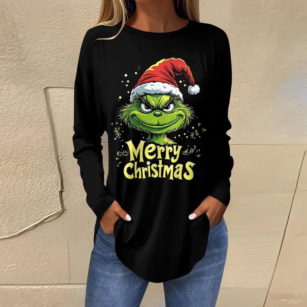 Women's Loose Round Neck Print Long Sleeve T-Shirt Top Pullover