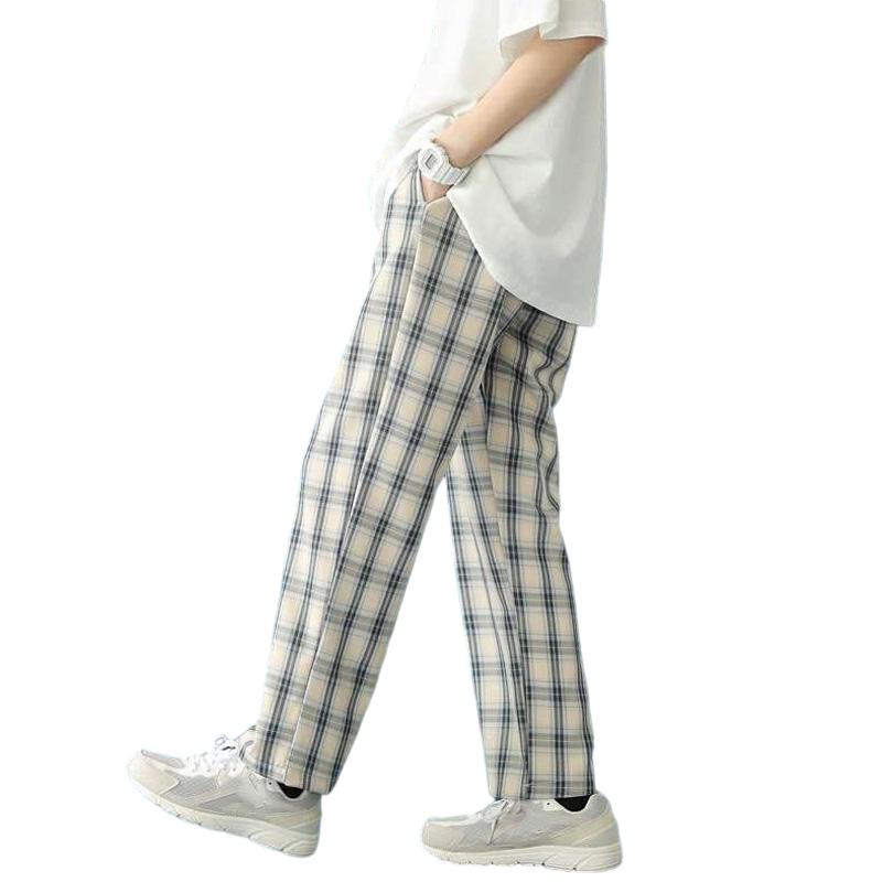 Клетчатые мужские брюки, весна-лето, модные повседневные винтажные брюки, свободные прямые домашние брюки, красивая уличная одежда, брюки большого размера
