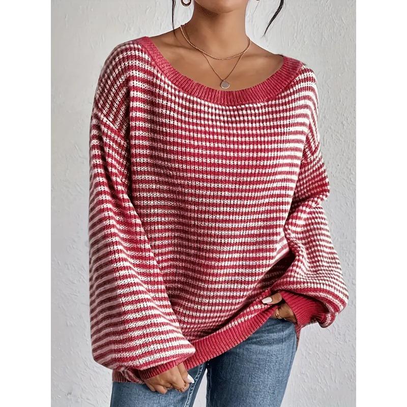 Women S Loose Fit One Shoulder Neck Striped Long Sleeve Pullover Knit Sweater