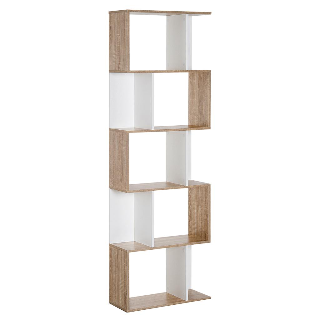 Bookcase, S-Shaped Wooden Bookshelf, 5/6 Tiers Freestanding Storage Shelf, Home Office Decorative Display Stand Rack, Oak and White