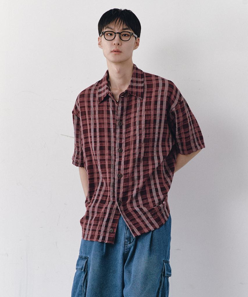 BALLUTE Wrinkle Half Sleeve Collar Shirts (Red Check)