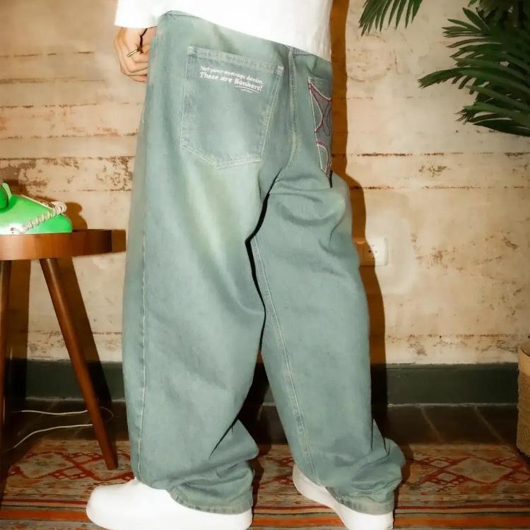 Джинсы в уличном стиле Y2K мужские брюки Harajuku Hip Hop вышитые буквы винтажные синие мешковатые джинсы с высокой талией широкие брюки