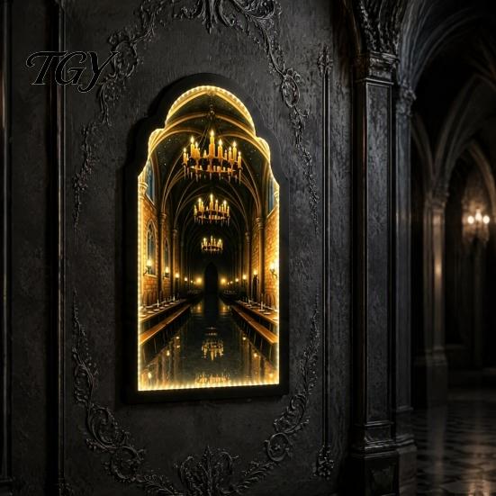 Ghostly Candlelight Display Light Up Ghost Mirror, Arched Wooden Frame Ghost/Grim Reaper Halloween Indoor Holiday Ornaments Soft Ambient Lighted