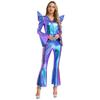 Metallic Shiny Bell Bottom Jumpsuit for Women S-3XL: Disco Style Romper with High Waist & Long Sleeves, Halloween Costume