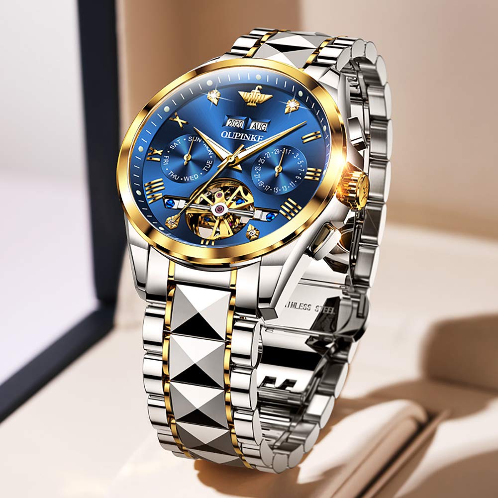 OUPINKE Автоматические часы Бизнес Механические часы Скелетон Водонепроницаемый Календарь Автоматический Ручной Завод Полый Циферблат Синий Мужские - - - - -