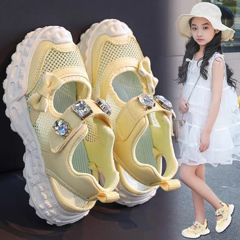 Girls' cute bowknot sports sandals with mesh for summer, little girls' shoes with large rhinestones and hollow transparent mesh