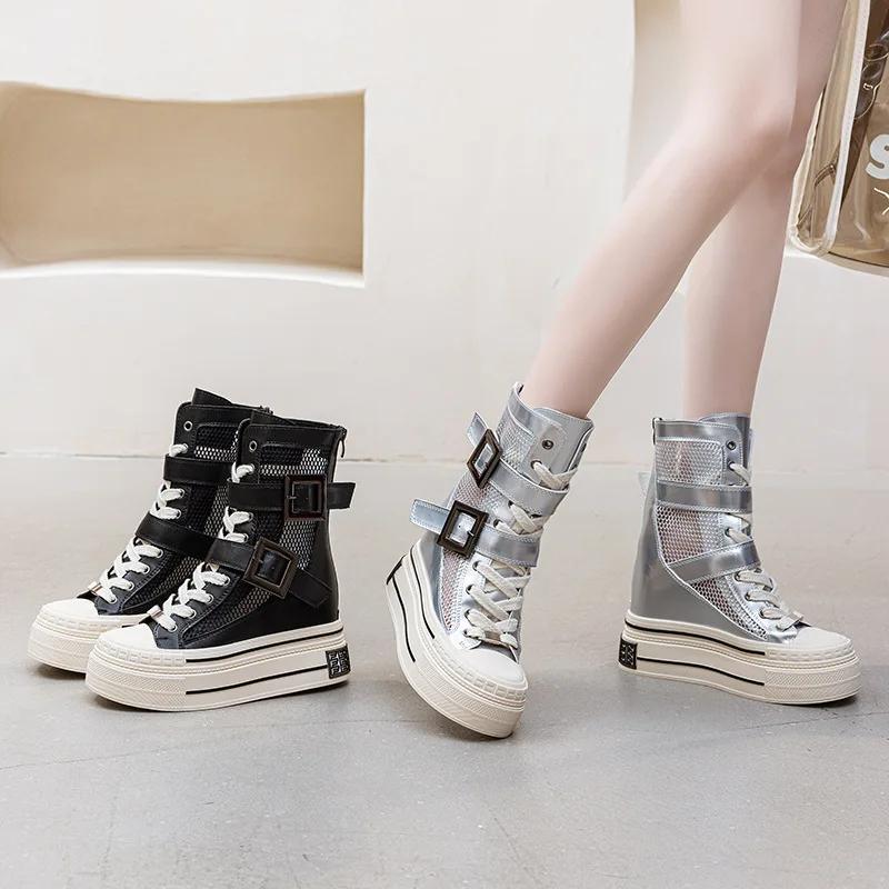 Модные 12 см Полые Лакированные Летние Дышащие Туфли-Босоножки на Танкетке с Платформой на Танкетке с Пряжкой и Молнией Модные Сандалии Повседневные Ботильоны до Колена Ботильоны Обувь